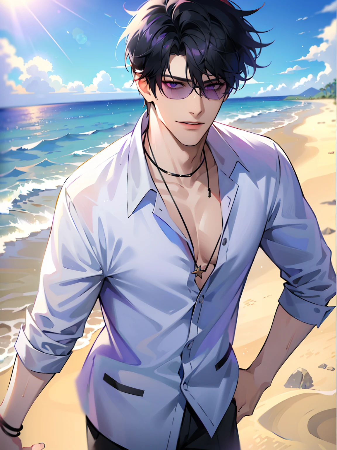 (masterpiece, 4k, high quality:1.3), 1boy, solo, short hair, black hair, asymmetrical fringe, purple eyes, handsome, sharp eyes, (mature male, mature:1.2), male focus, fashionable, open purple shirt, necklace, smile, beach, sand, boats in the background, sunshine, ((sunglasses)), windy