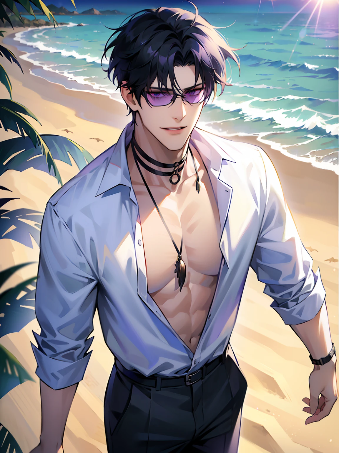 (masterpiece, 4k, high quality:1.3), 1boy, solo, short hair, black hair, asymmetrical fringe, purple eyes, handsome, sharp eyes, (mature male, mature:1.2), male focus, fashionable, open purple shirt, necklace, smile, beach, sand, boats in the background, sunshine, ((sunglasses)), windy