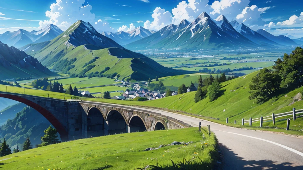 A Anime landscape of a mountain landscape with a road going through it landscape, anime style, countryside, with mountains and clouds in the background.