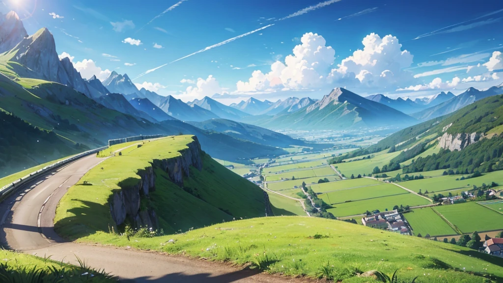 A Anime landscape of a mountain landscape with a road going through it landscape, anime style, countryside, with mountains and clouds in the background.