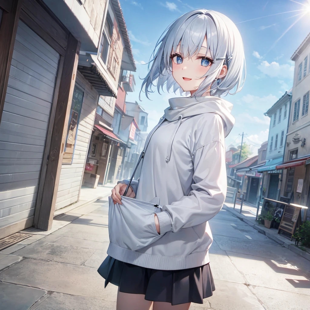 Her eyes were shining、Mysterious and enchanting atmosphere。With AI Painting、とてもShort Hair, Long bangs between the eyes, Grey Eyes , Very detailed,(masterpiece、Highest quality)、alone、Gray Hair、Fantasy, Silver Hair, Beautiful Eyes,Ecstasy, charm, attract the audience, Fantasyな風景、White shirt、smile、Open your mouth、Scarf、short hair、Short Hair、hairpin、Dark Eyes