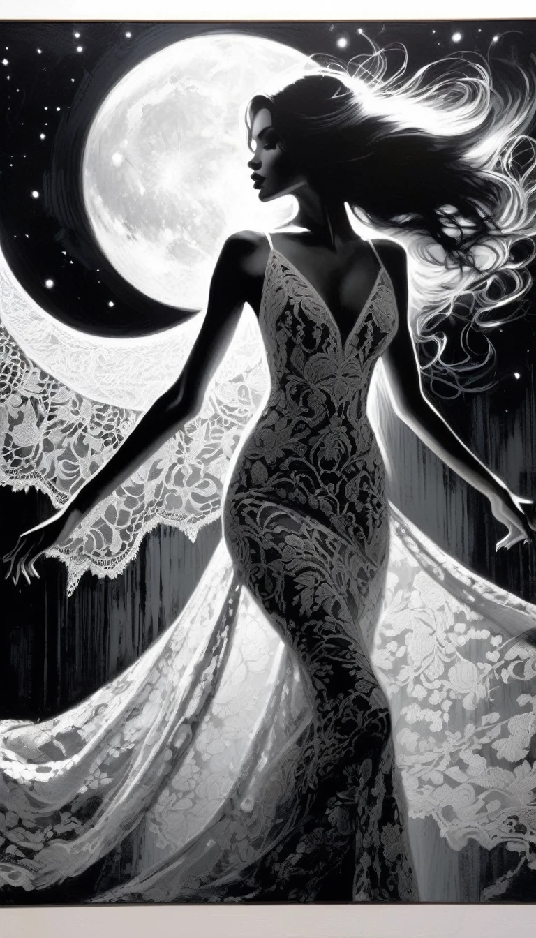 Sexy Girl and Crescent, Night, Lace Dress Black and White Picture, Dress Train Flies By Image (Art Inspired by Bill Sienkiewicz, Oil Painting)