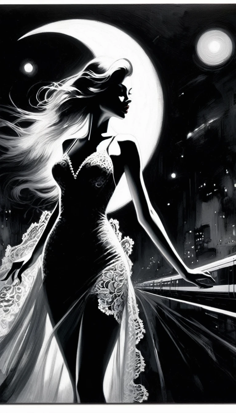 Sexy Girl and Crescent, Night, Lace Dress Black and White Picture, Dress Train Flies By Image (Art Inspired by Bill Sienkiewicz, Oil Painting)