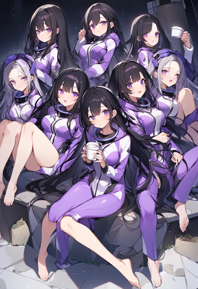 Wearing a purple diving suit、barefoot。hair is black、Purple eyes。Breasts are K cup。The skin is white and、Long hair。Has one brother and one sister。My sister has an E cup。All of them have black hair。6 siblings。It's like diving into the ocean and looking at the coral reefs and fish.。