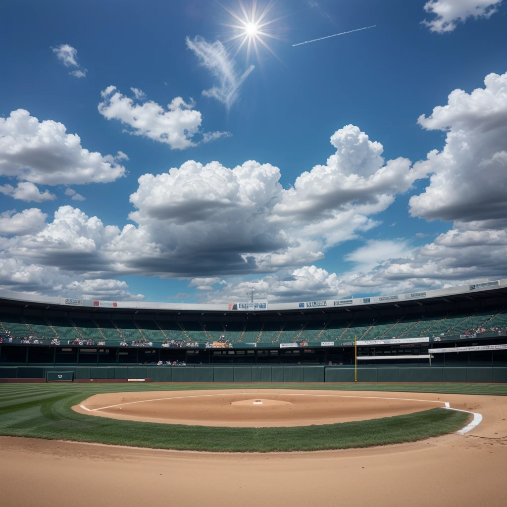 There is a baseball field with a lot of clouds in the sky