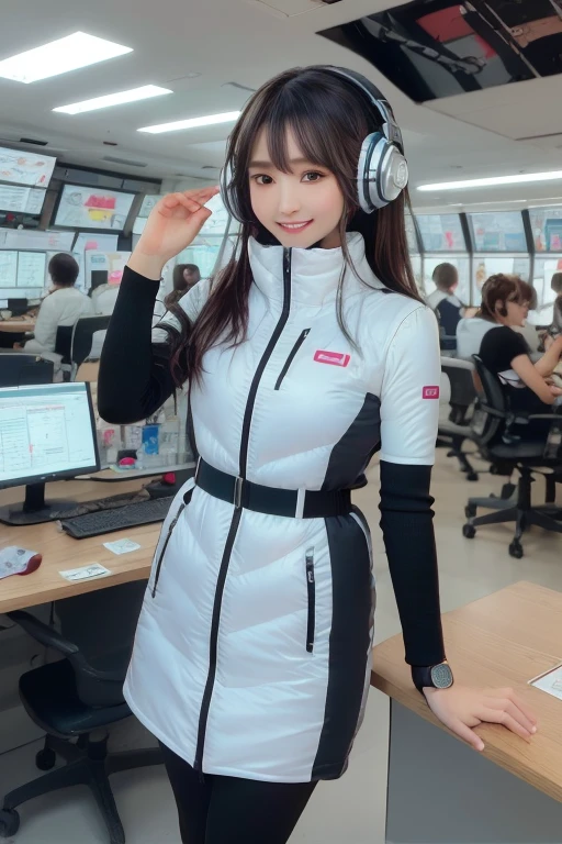 masterpiece, Highest quality, Very detailed, 8K Portrait,Japanese Android Girl,plump , Control panel,Robotic arms and legs, Blunt bangs,,break (Metallic Gray, Metallic luster, Mirror finish, Astro Best):5,headphone:5,break (Black sleeves):100,Smart Watches,Futuristic space station,Control Room,break headphone,blue eyes,(Black Hair):2,(Long Hair):1.3,Displaying the viewer,(respirator),break blush:3,Hidden Hand,smile