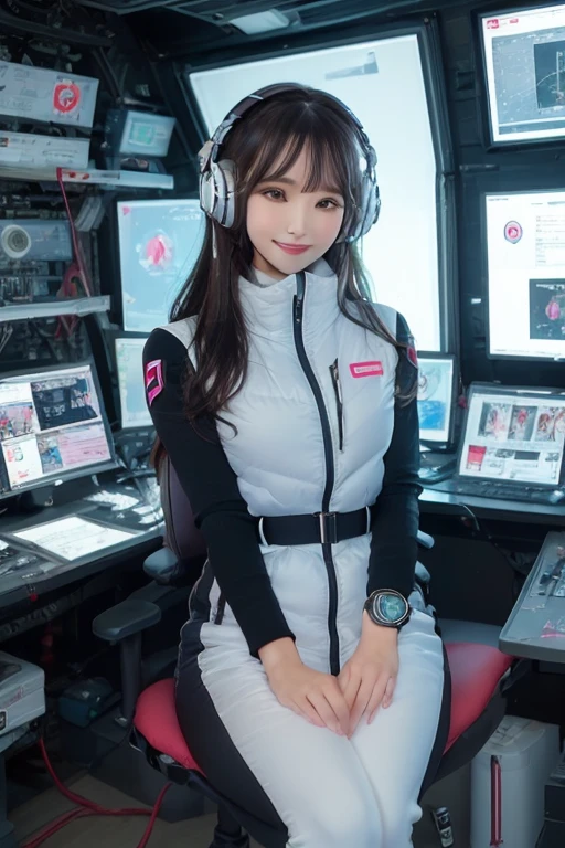 masterpiece, Highest quality, Very detailed, 8K Portrait,Japanese Android Girl,plump , Control panel,Robotic arms and legs, Blunt bangs,,break (Metallic Gray, Metallic luster, Mirror finish, Astro Best):5,headphone:5,break (Black sleeves):100,Smart Watches,Futuristic space station,Control Room,break headphone,blue eyes,(Black Hair):2,(Long Hair):1.3,Displaying the viewer,(respirator),break blush:3,Hidden Hand,smile