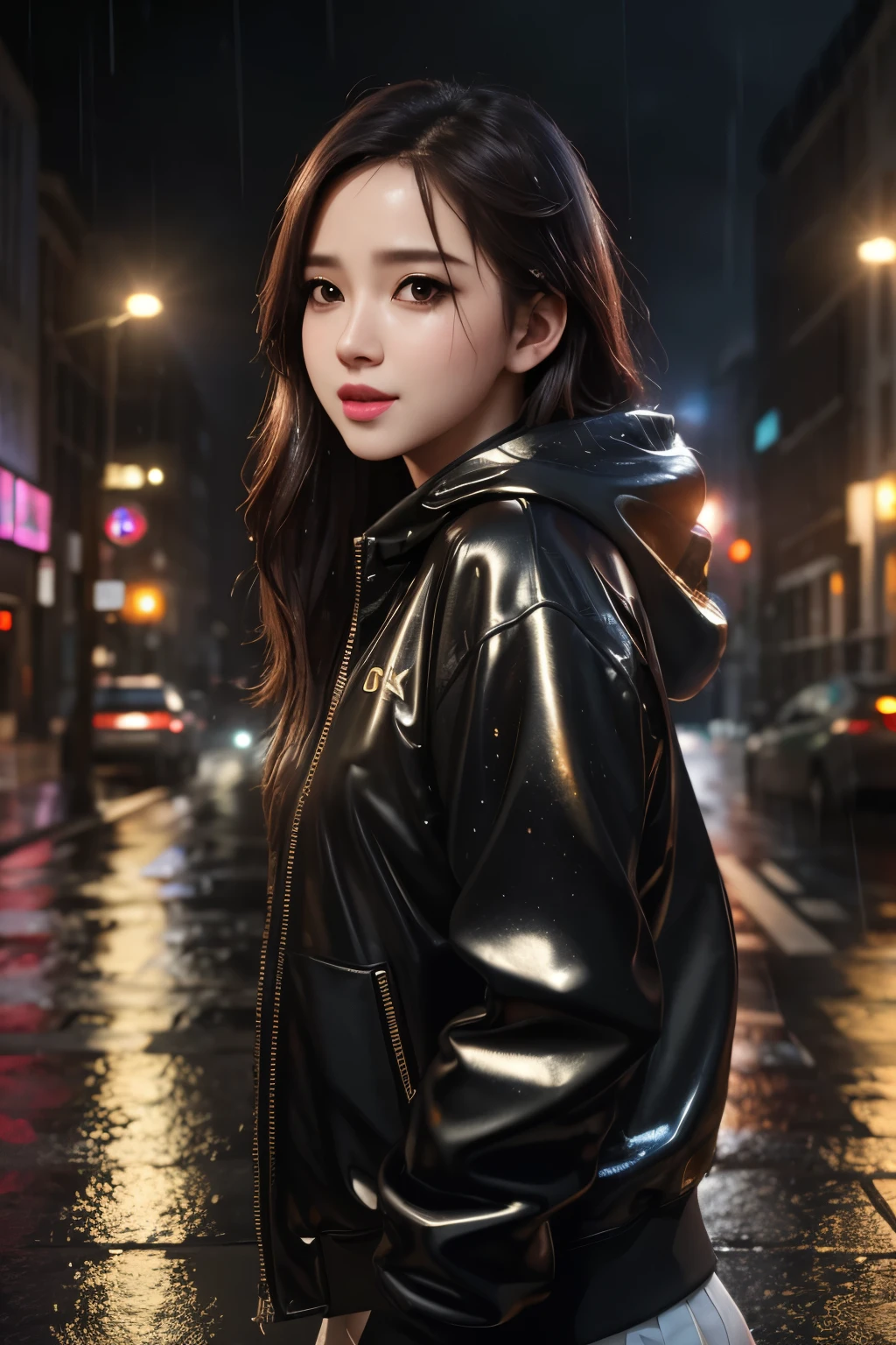 (8k, RAW photo, best quality, masterpiece:1.2), (realistic, photo-realistic:1.37), omertosa, 1girl, (Kpop idol), (aegyo sal:1), cute, cityscape, rain, wet, professional lighting, photon mapping, radiosity, physically-based rendering,,