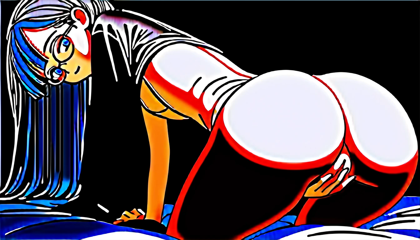 (masterpiece), (best quality), ((ultra-detailed)), (high resolution), (an extremely delicate and beautiful, super fine illustration), official art, BREAK 1girl, (:1.5), (tiny girl:1.7), (5yo)at chest, Plump, (Thick thighs:1.8), (big ass:1.8), erect nipples, Huge areola, large nipples, long nipples, erect nipples, oily skin, BREAK droopy eyes, emerald blue eyes, [[open mouth]], (bad mood:1.3), (clear face:1.3), (half closed eyes:1.4), BREAK bob cut, tired hair, messy hair, No hair ornament, Black hair color, girl wearing black round glasses, BREAK (white bodystocking:1.4), , BREAK (nippleless clothes:1.4), (open crotch:1.4), BREAK (looking ahead:1.4), Sweat, steam, humid, vagina, (buttock hair:1.6), NSFW, spread pussy, urethra, crotch grab, fingaring, BREAK (leaning forward on the bed), bed room, BREAK (dynamic angle:1.3), (ass focus:1.7), 