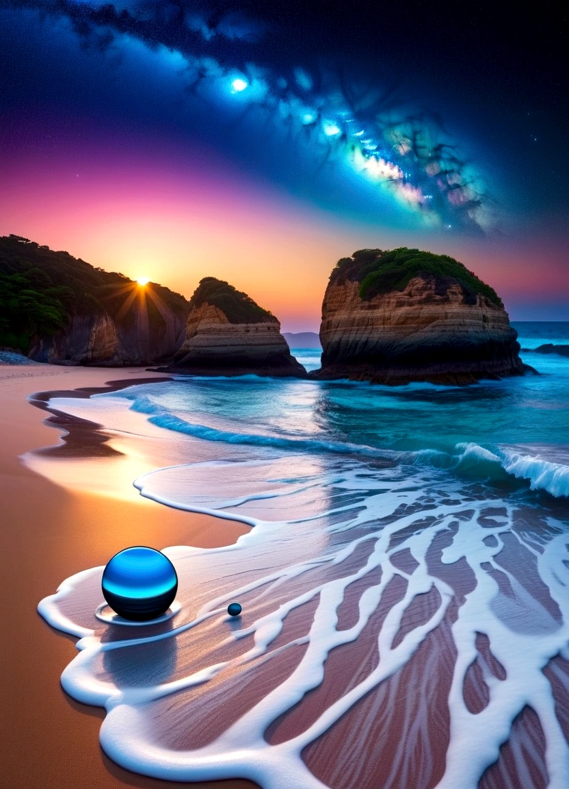 Giant planets, night, Starry Sky, Surrealism, Tabletop, High resolution、Impressive Milky Way、Sandy Beach、blue sea、Jewelry Ice