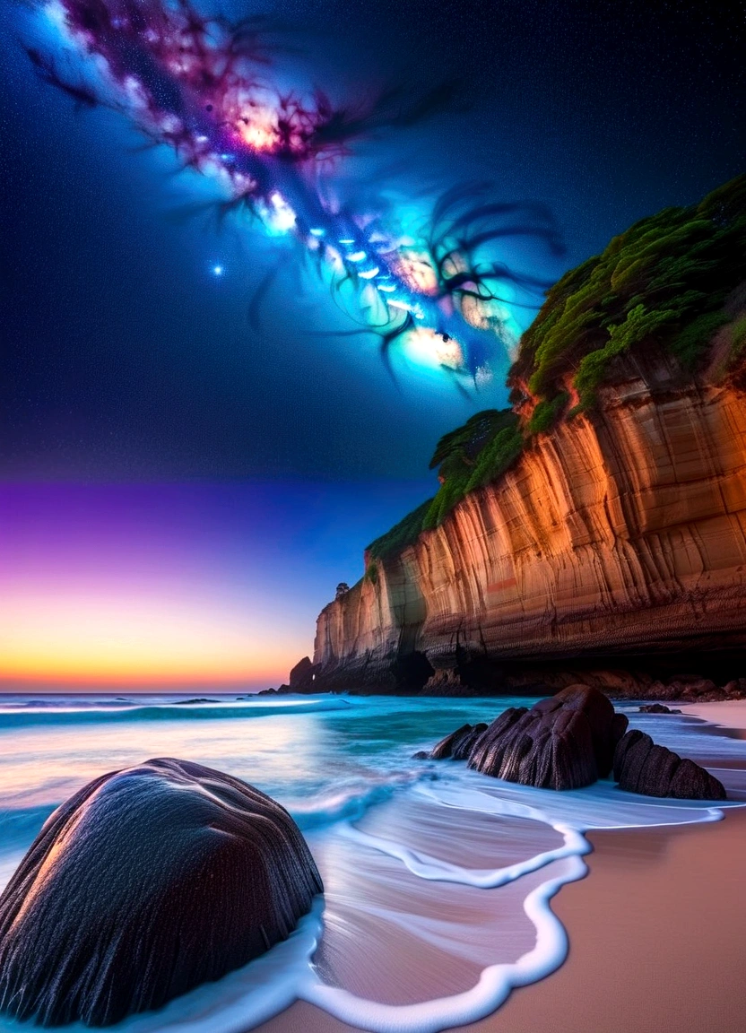 Giant planets, night, Starry Sky, Surrealism, Tabletop, High resolution、Impressive Milky Way、Sandy Beach、blue sea、Jewelry Ice