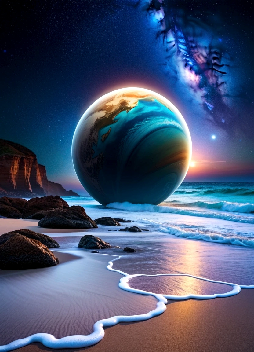 Giant planets, night, Starry Sky, Surrealism, Tabletop, High resolution、Impressive Milky Way、Sandy Beach、blue sea、Jewelry Ice