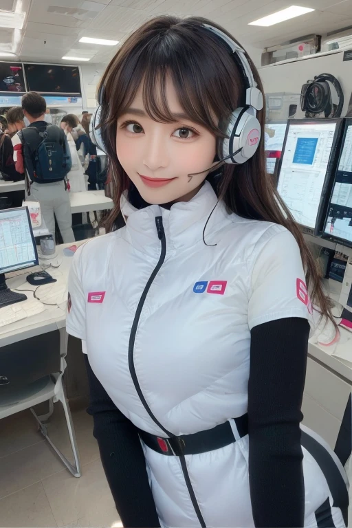 masterpiece, Highest quality, Very detailed, 8K Portrait,Japanese Android Girl,plump , Control panel,Robotic arms and legs, Blunt bangs,,break (Metallic Gray, Metallic luster, Mirror finish, Astro Best):5,headphone:5,break (Black sleeves):100,Smart Watches,Futuristic space station,Control Room,break headphone,blue eyes,(Black Hair):2,(Long Hair):1.3,Displaying the viewer,(respirator),break blush:3,Hidden Hand,smile
