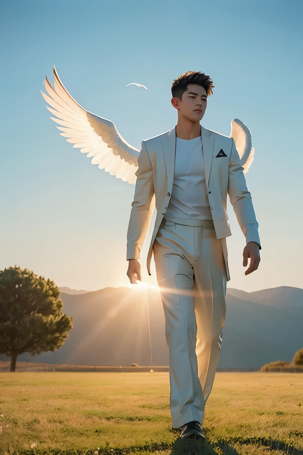 1boys, A handsome angel walks on a field, The wind blows，The holy light shines down, Muscular