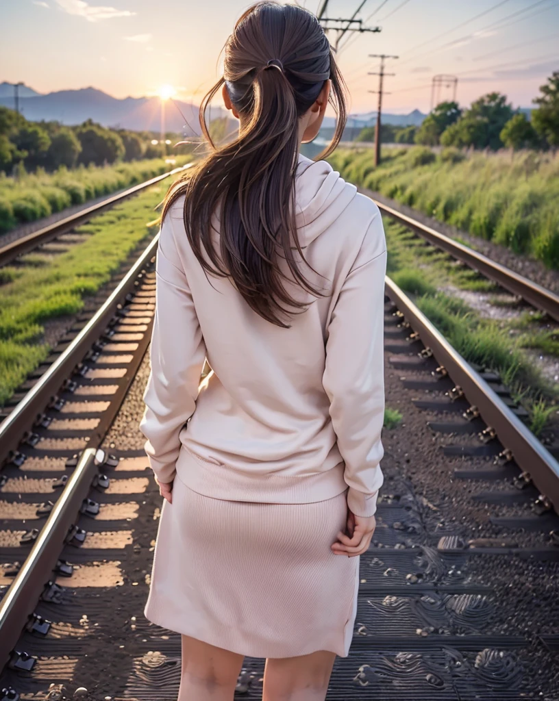 (Highest quality, 32k, High resolution, Masterpiece:1.5, ), marimo_jet, god々A photograph with brilliant dazzling and healing power., Evoking a sense of calm and elusive beauty, Expressing emotions, Have a rich imagination, The road to the horizon, Nostalgic scenery of youth, Beautiful Japanese Girls, ((Back view of a person walking on the railroad tracks:1.4)), An exceptionally beautiful face, Small Face Beauty, Perfect Human Anatomy, Magical big eyes, Motherhood and generosity, Deep Love, fleeting smile, ((Shiny brown hair:1.1)), ((A beautiful ponytail swaying in the wind)), Asymmetrical bangs, Hair between the eyes, Transparent, soft white skin, Sharp eyebrows, Thin lashes, Natural Makeup, Cheek highlighter, Pale pink detailed lips, (Yellow Zip Hoodie), Slim figure with ample breasts, High resolutionの美しい太もも, Beautifully detailed skies, Professional Lighting, Professional photographer, Professional models, god秘的
