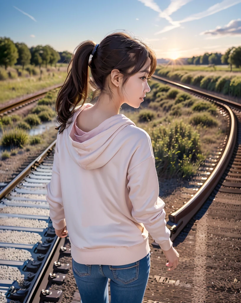 (Highest quality, 32k, High resolution, Masterpiece:1.5, ), marimo_jet, god々A photograph with brilliant dazzling and healing power., Evoking a sense of calm and elusive beauty, Expressing emotions, Have a rich imagination, The road to the horizon, Nostalgic scenery of youth, Beautiful Japanese Girls, ((Back view of a person walking on the railroad tracks:1.4)), An exceptionally beautiful face, Small Face Beauty, Perfect Human Anatomy, Magical big eyes, Motherhood and generosity, Deep Love, fleeting smile, ((Shiny brown hair:1.1)), ((A beautiful ponytail swaying in the wind)), Asymmetrical bangs, Hair between the eyes, Transparent, soft white skin, Sharp eyebrows, Thin lashes, Natural Makeup, Cheek highlighter, Pale pink detailed lips, (Yellow Zip Hoodie), Slim figure with ample breasts, High resolutionの美しい太もも, Beautifully detailed skies, Professional Lighting, Professional photographer, Professional models, god秘的