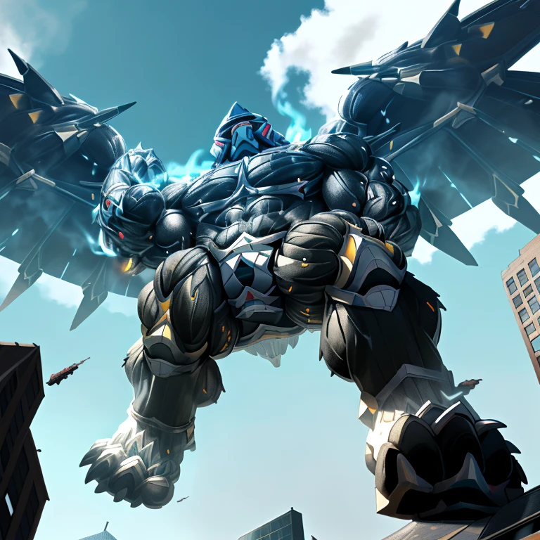(masterpiece. official art. 8k. best quality. detailed full body. full body.)
(situation 1 : dominating LUCARIO. focus GIANT mechanical Muscular LUCARIO is trampling the CITY. macro. stomp. Low-angle perspective. emphasizing the immense size. The perspective is from below, emphasizing the sheer majesty and power of the Giant. giant art. He is much bigger than a skyscraper. Giga Giants. micro soccer field. looking down.)
(situation 2 :smoke and flames rising from the destruction in the city)
(Additional details 1: wearing a full-face helmet. high-tech bio-mecha armor. real texture material. whole body shines like metal. Wearing cyberpunk mecha. emphasizes the muscles. suit fully made of metal. intricate armor. Robotic suit. suit fully made of metal. cyborg. Powered exoskeleton with the same design as LUCARIO).
(Additional details 2: (Detailed head. Detailed Body. Detailed abs. gigantic muscles. HYPER MUSCLES. Gigachad Muscular. big muscle. pecs. triceps. traps. unusually developed muscular body. body full of huge muscles. showing off muscles. pectorales enormes. Exaggeratedly huge muscles. huge muscles. long legs.).
(Additional details 3: nj5furry, Spread wings. It has wings. White have big wings. The claws are sharp. Sharp teeth.5 toes.).
