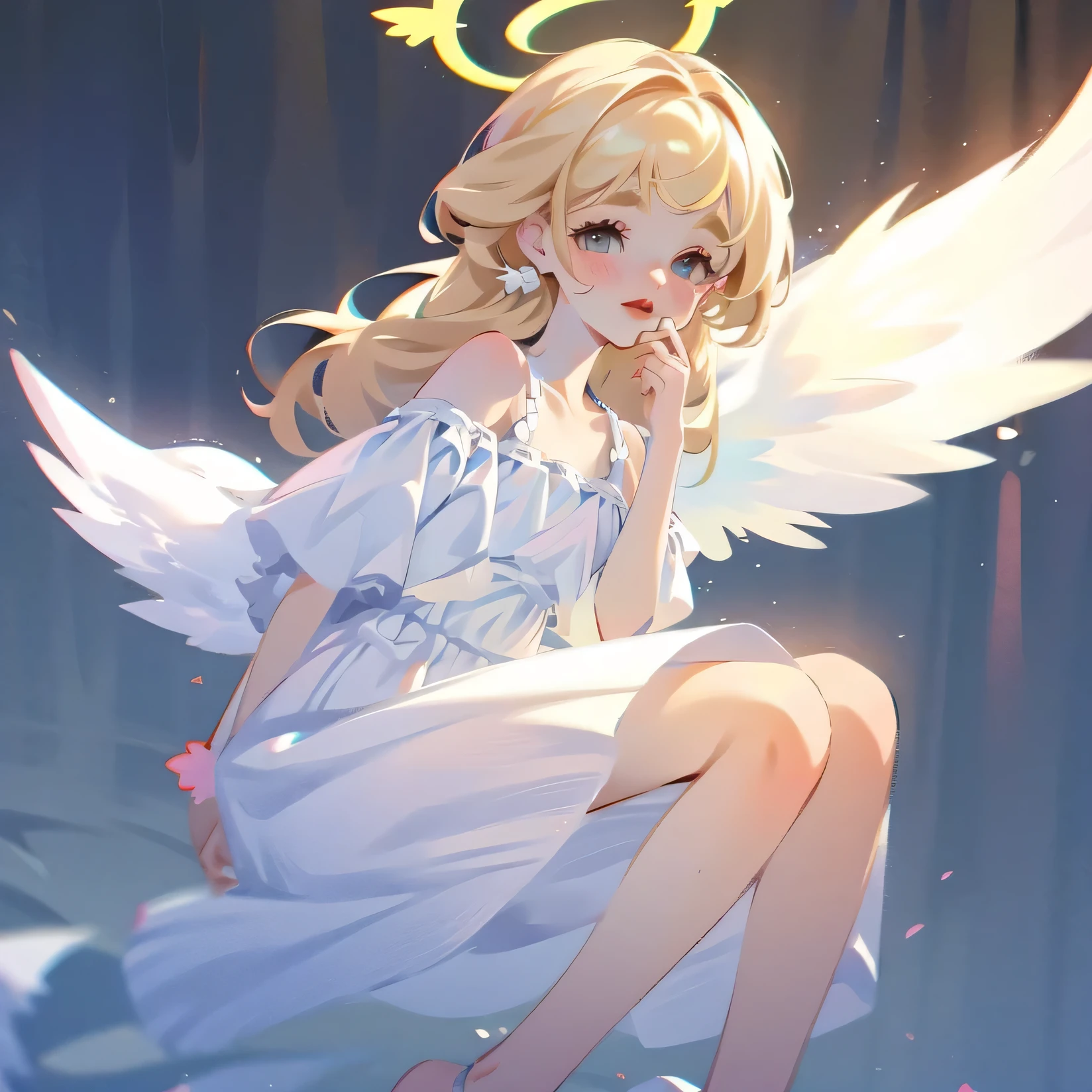 (High quality) (best quality) (A woman) (correct physiognomy) (best quality, 4k, 8K, high resolution, masterpiece: 1.2) woman, Extremely beautiful, Around 20 years old, long blonde hair with bangs on the back front, four small angel wings emerge from her head, two on the left side and two on the right side, two angel wings coming out of her back, a golden halo behind her head, golden eyes, sensitive lips, middle age, white dress with straps on the shoulders, skirt cut diagonally leaving one leg exposed, soft facial features, fine eyebrows, soft skin, slightly rosy cheeks, pink lips, silky eyelashes, dreamy expression, photo location the woman must be in a pond with water and fish in the middle of the forest, photo illuminated by sunlight, full body proportion, showing in the photo the body from head to torso
