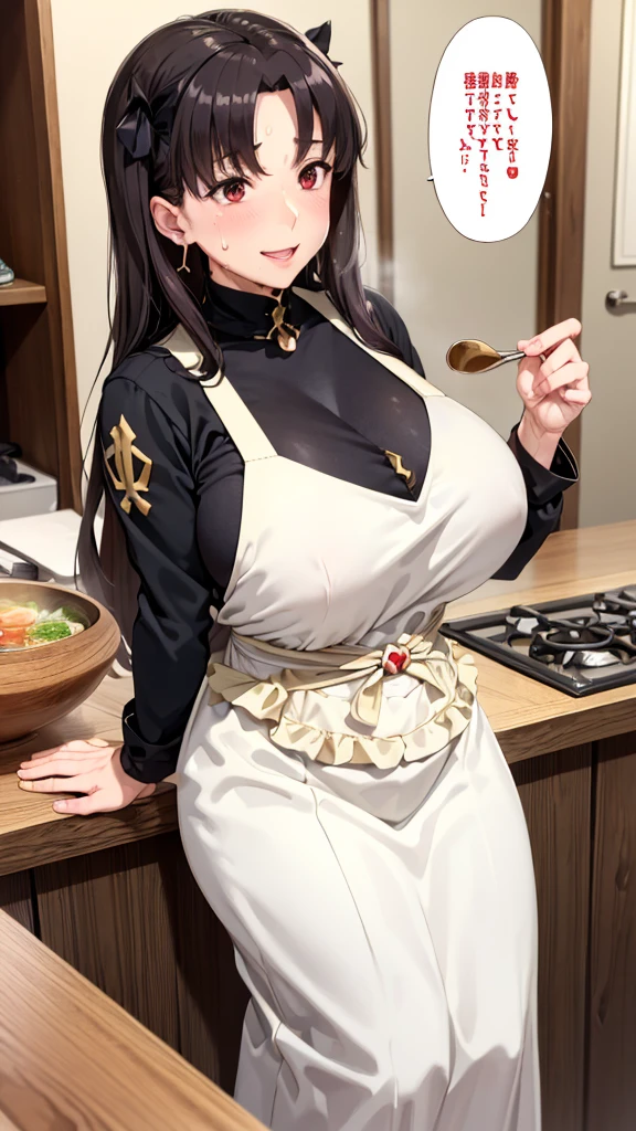 (Mature Woman:1.5), (mother:1.5), Ishtar, Fate Grand Order, (Absurd, 8k, 4K, Tabletop, Extremely detailed:1.2), Highest quality, Perfect Anatomy,Perfect Face, High humidity, (alone:1.2), (Sweaty:1.3), shortness of breath, High humidity, humid, (Black Hair:1.1), Red eyes, Looking into the camera, (Very large breasts:1.5), Light clothing, apron, (kitchen;1.1), (Having a conversation:1.2), (Speech bubble:1.1), A kind smile, relief, peace of mind, mother性, Cooking, have a ladle, pot, pot-au-feu, Gentle look