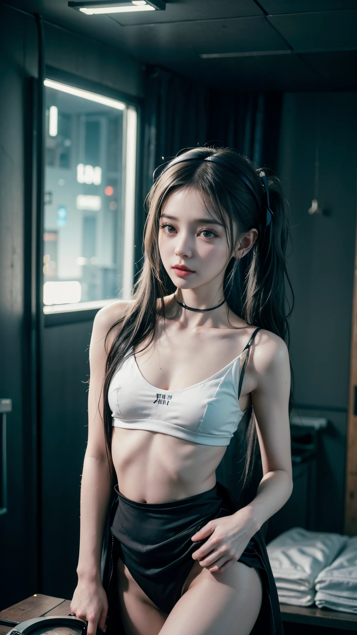 ((Transcendent Cute Beautiful Girl)), Beautiful breasts, Small beautiful butt, Thin thighs, Tight waist, (Baby Face:1.5), (Small and slender figure), Slender body line, (Perfect Anatomy:1.2), ((Cyberpunk Room:1.2)), (((State-of-the-art headset, ASMR brain orgasm))), (Highest quality, 8K, masterpiece:1.2), (Sexy expression:1.3, blush:1.2), Smooth body, Ultra-detailed, Beautiful details, Short pigtails,