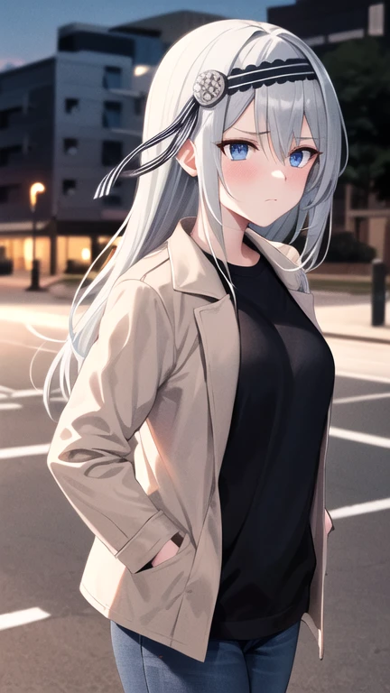 best quality, highres, kei1, 1girl, solo, blue eyes, long hair, bangs, grey hair, black hairband, hair ornament, hair between eyes, medium breasts,jacket, black jean, hands in pocket, frown, walking,