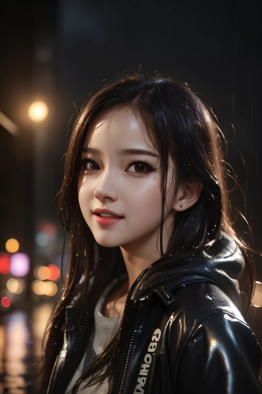 (8k, RAW photo, best quality, masterpiece:1.2), (realistic, photo-realistic:1.37), omertosa, 1girl, (Kpop idol), (aegyo sal:1), cute, cityscape, rain, wet, professional lighting, photon mapping, radiosity, physically-based rendering,,  