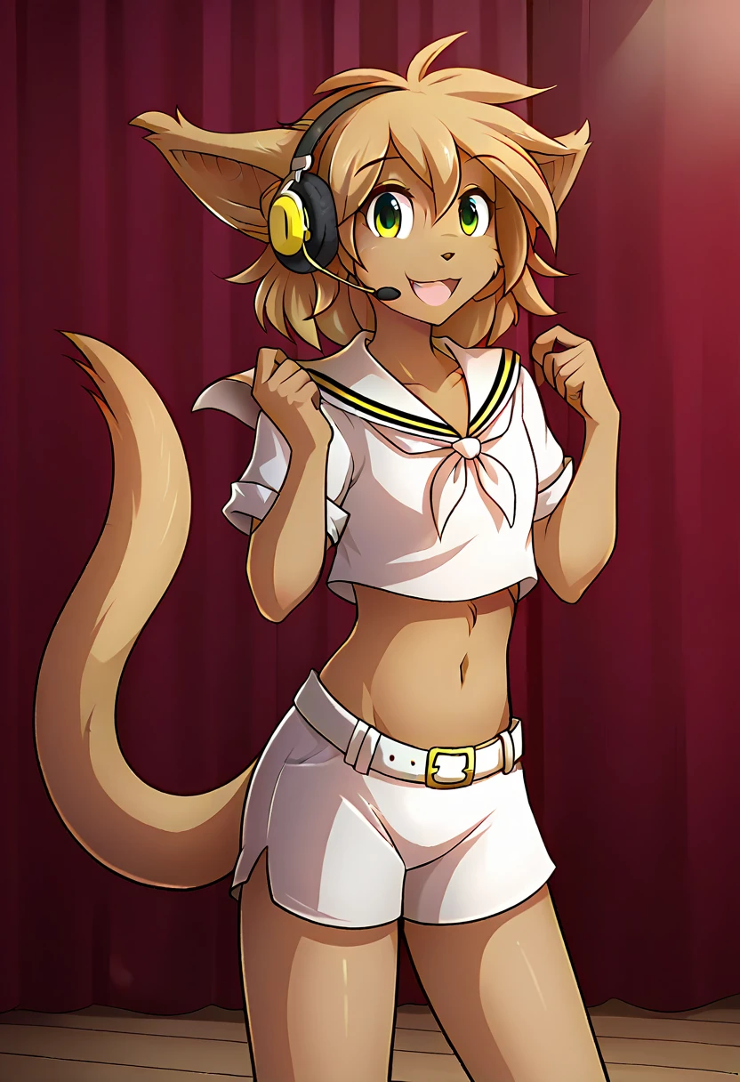 score_9, score_8_up, score_7_up, score_6_up, score_5_up, score_4_up, rating_explicit, source_furry, female, cute anthro female, cute face, forest, detailed background, looking at viewer, solo, solo focus,, (no nipples, no vagina:1.4), (digital pen line-art, soft lines, soft shading, pinup, cartoon, anime:1.2), madelyn-twokinds, Kagamine Rin, smile, happy, long tail, white sailor suit, light gray shorts, belt, stage, big white ribbon at the top of the headset, headphones , midriff