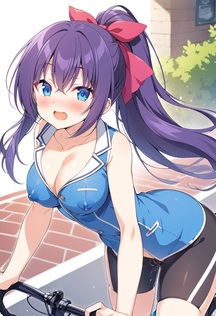 todoshizuko, purple hair, ponytail, hair ribbon, long hair, blue eyes, makeup, old , large breasts, solo, nsfw, nipple, ride a bicycle