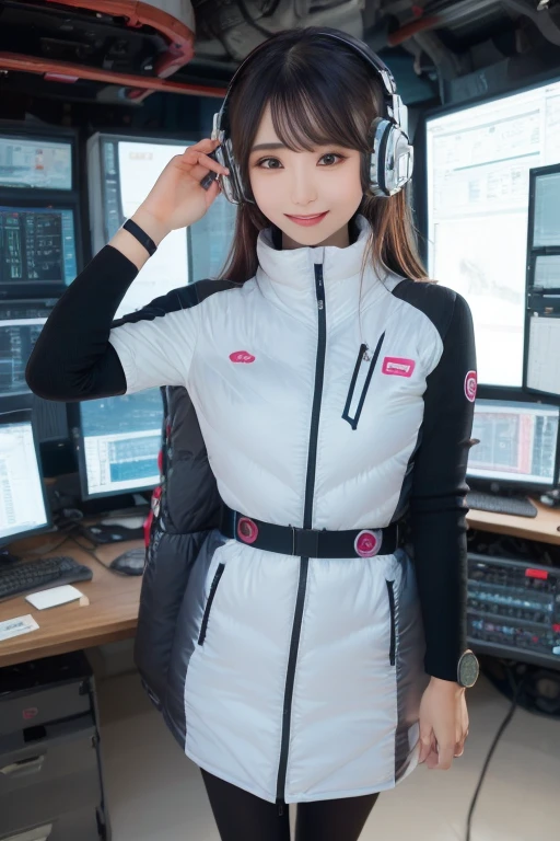 masterpiece, Highest quality, Very detailed, 8K Portrait,Japanese Android Girl,plump , Control panel,Robotic arms and legs, Blunt bangs,,break (Metallic Gray, Metallic luster, Mirror finish, Astro Best):5,headphone:5,break (Black sleeves):100,Smart Watches,Futuristic space station,Control Room,break headphone,blue eyes,(Black Hair):2,(Long Hair):1.3,Displaying the viewer,(respirator),break blush:3,Hidden Hand,smile