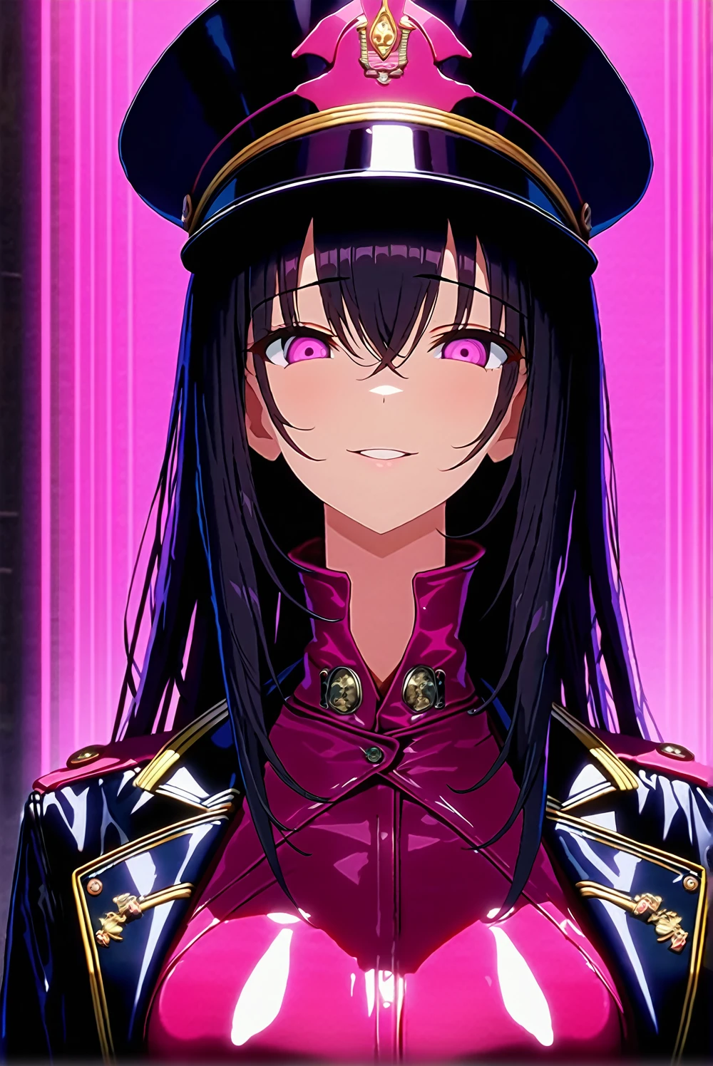 masterpiece, best quality, 1lady,seductive smile,pink eyes,hollow eyes,black long hair, (finely detailed beautiful eyes and detailed face),pink leotard,latex costume,military coat,military hat,cinematic lighting,bust shot,extremely detailed CG unity 8k wallpaper,solo,(enamel leotard:0.3),