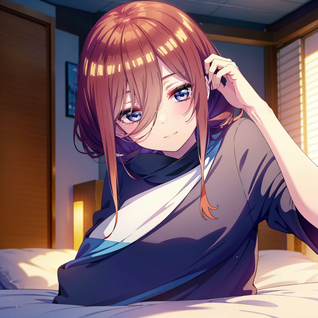 Mikunakano, miku nakano, Long Hair, bangs, blue eyes, Brown Hair, shirt, Hair between the eyes,smile,Open your mouth, Messy Hair,オーバサイズtshirt,One Shoulder,Black string underwear,barefoot,Sitting on the bed,sleepy,Squinting,morning,morning陽,The sun is rising,Building district,whole bodyがイラストに入るように,
break indoors, Bedroom,
break looking at viewer, whole body,
break (masterpiece:1.2), Highest quality, High resolution, unity 8k wallpaper, (figure:0.8), (Beautiful attention to detail:1.6), Highly detailed face, Perfect lighting, Highly detailed CG, (Perfect hands, Perfect Anatomy),