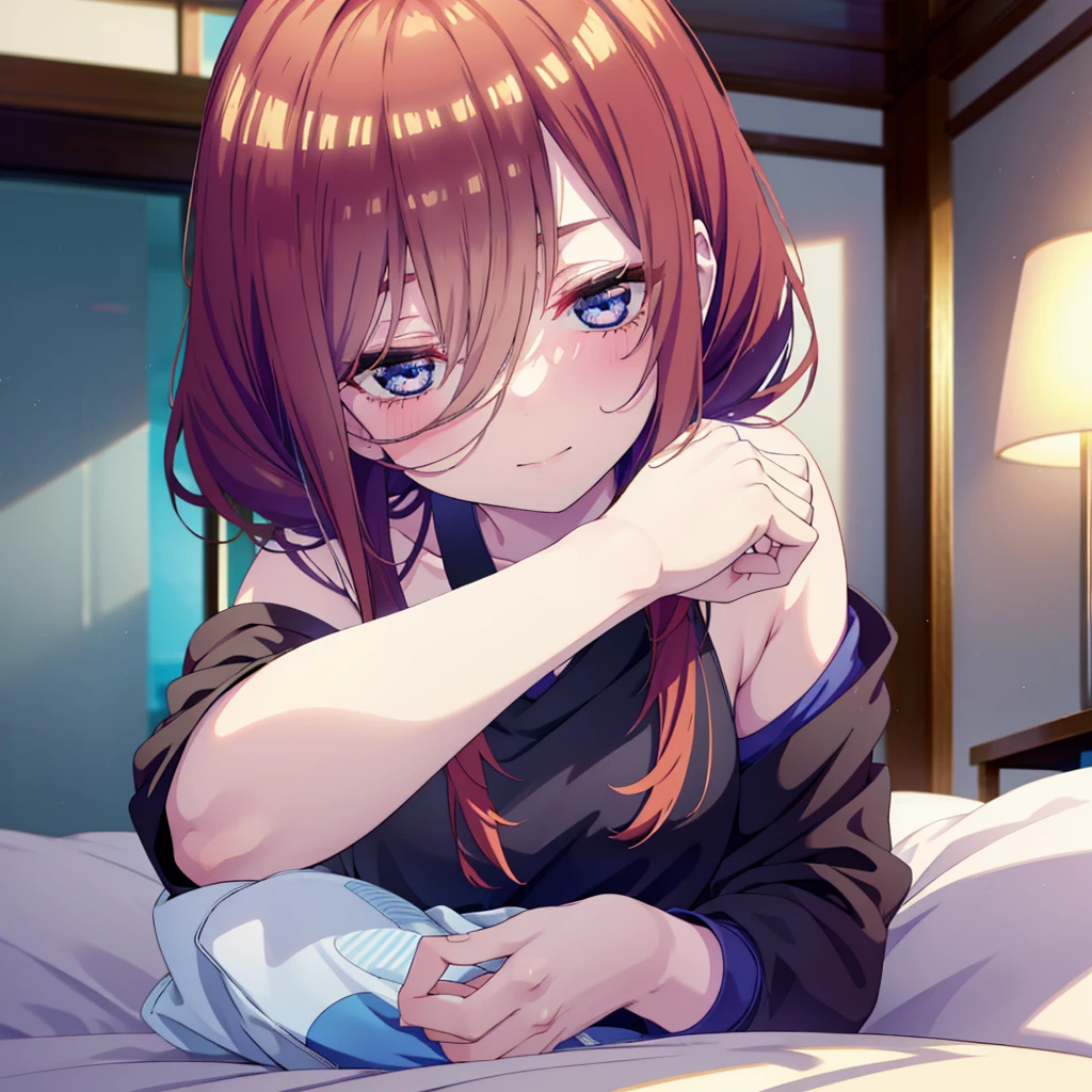 Mikunakano, miku nakano, Long Hair, bangs, blue eyes, Brown Hair, shirt, Hair between the eyes,smile,Open your mouth, Messy Hair,オーバサイズtshirt,One Shoulder,Black string underwear,barefoot,Sitting on the bed,sleepy,Squinting,morning,morning陽,The sun is rising,Building district,whole bodyがイラストに入るように,
break indoors, Bedroom,
break looking at viewer, whole body,
break (masterpiece:1.2), Highest quality, High resolution, unity 8k wallpaper, (figure:0.8), (Beautiful attention to detail:1.6), Highly detailed face, Perfect lighting, Highly detailed CG, (Perfect hands, Perfect Anatomy),