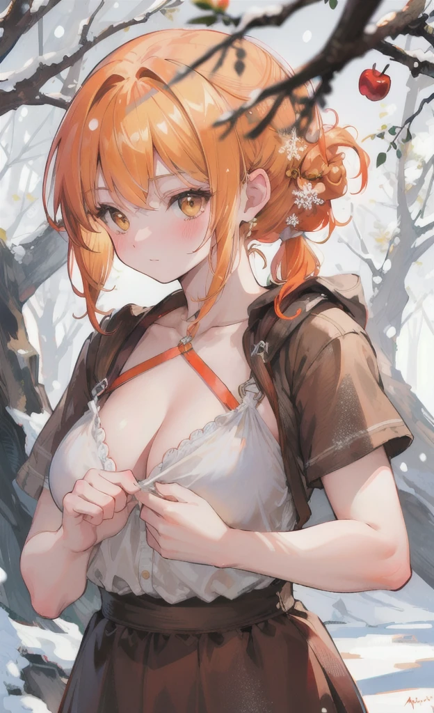 (masterpiece), (best quality), (ultra detailed), (Hobbit), upper body, blushing, sexy look, apple tree, medium breasts, brown eyes, short hair, bright orange and yellow hair, detailed hair, soft braided hair, loose ponytail, detailed ponytail, close up, snowing, snowflake eyes