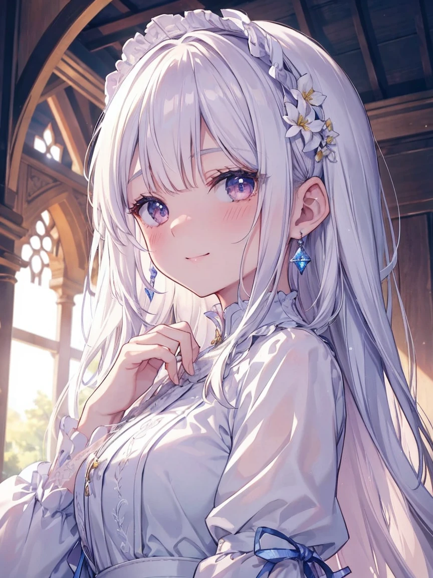 masterpiece, Highest quality, (Perfect Face:1.1), (High detail:1.1), (Very detailed目), dramatic, Ultra-fine Illustration, Very detailed, 1 Girl, (White skin), Long white hair, Knitting from below、Flower shaped earrings、Warm Eyes、welcome、A gentle gaze, blush,smile, Happy, Fuller lips,Cinema Lighting, Looking for an audience,A gentle gaze、From the side、Wearing a beautiful dress、Princess、gem、Put your arms forward、Looking out at the fresh air、Outside the castle