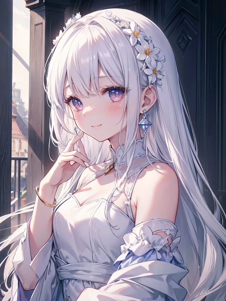 masterpiece, Highest quality, (Perfect Face:1.1), (High detail:1.1), (Very detailed目), dramatic, Ultra-fine Illustration, Very detailed, 1 Girl, (White skin), Long white hair, Knitting from below、Flower shaped earrings、Warm Eyes、welcome、A gentle gaze, blush,smile, Happy, Fuller lips,Cinema Lighting, Looking for an audience,A gentle gaze、From the side、Wearing a beautiful dress、Princess、gem、Put your arms forward、Looking out at the fresh air、Outside the castle