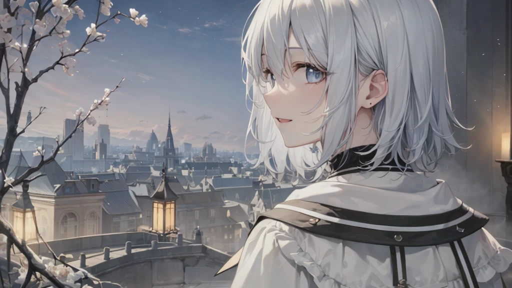 Her eyes were shining、Mysterious and enchanting atmosphere。With AI Painting、とてもShort Hair, Long bangs between the eyes, Grey Eyes , Very detailed,(masterpiece、Highest quality)、alone、Gray Hair、Fantasy, Silver Hair, Beautiful Eyes,???????, charm, attract the audience, Fantasyな風景、White shirt、smile、Open your mouth、Scarf、short hair、Short Hair、hairpin、Dark Eyes