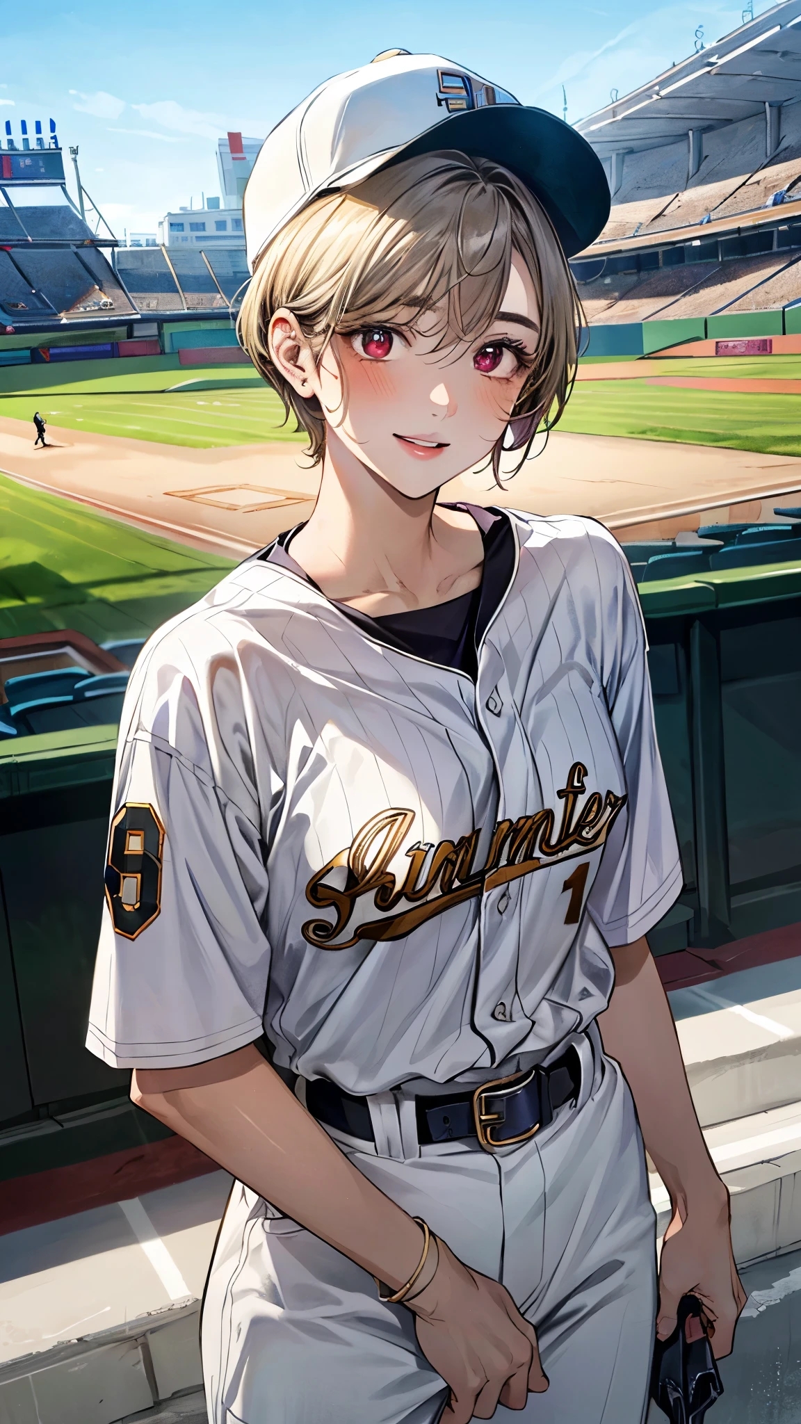(masterpiece:1.3, top-quality, ultra high res, ultra detailed), (realistic, photorealistic:1.4), beautiful illustration, perfect lighting, natural lighting, colorful, depth of fields, ,
beautiful detailed hair, beautiful detailed face, beautiful detailed eyes, beautiful clavicle, beautiful body, beautiful chest, beautiful thigh, beautiful legs, beautiful fingers, shiny skin, 
looking at viewer, 1 girl, high school girl, baseball cosplay, (perfect anatomy, anatomically correct, super detailed skin), cute and symmetrical face, babyface, perfect face, perfect eyes, , 
(short hair:1.5, pixie cut:1.2, ash blonde hair), swept bangs, maroon eyes, big eyes, long eye lasher, (medium breasts:1.4, seductive thighs), skin dendation, 
(detailed cloth texture, baseball uniform:1.2, baseball cap), 
(beautiful scenery), summer, late afternoon, (baseball stadium:1.1), standing, (lovely smile, upper eyes, parted lips), diffused natural sunlight, diffused natural skin glow, 