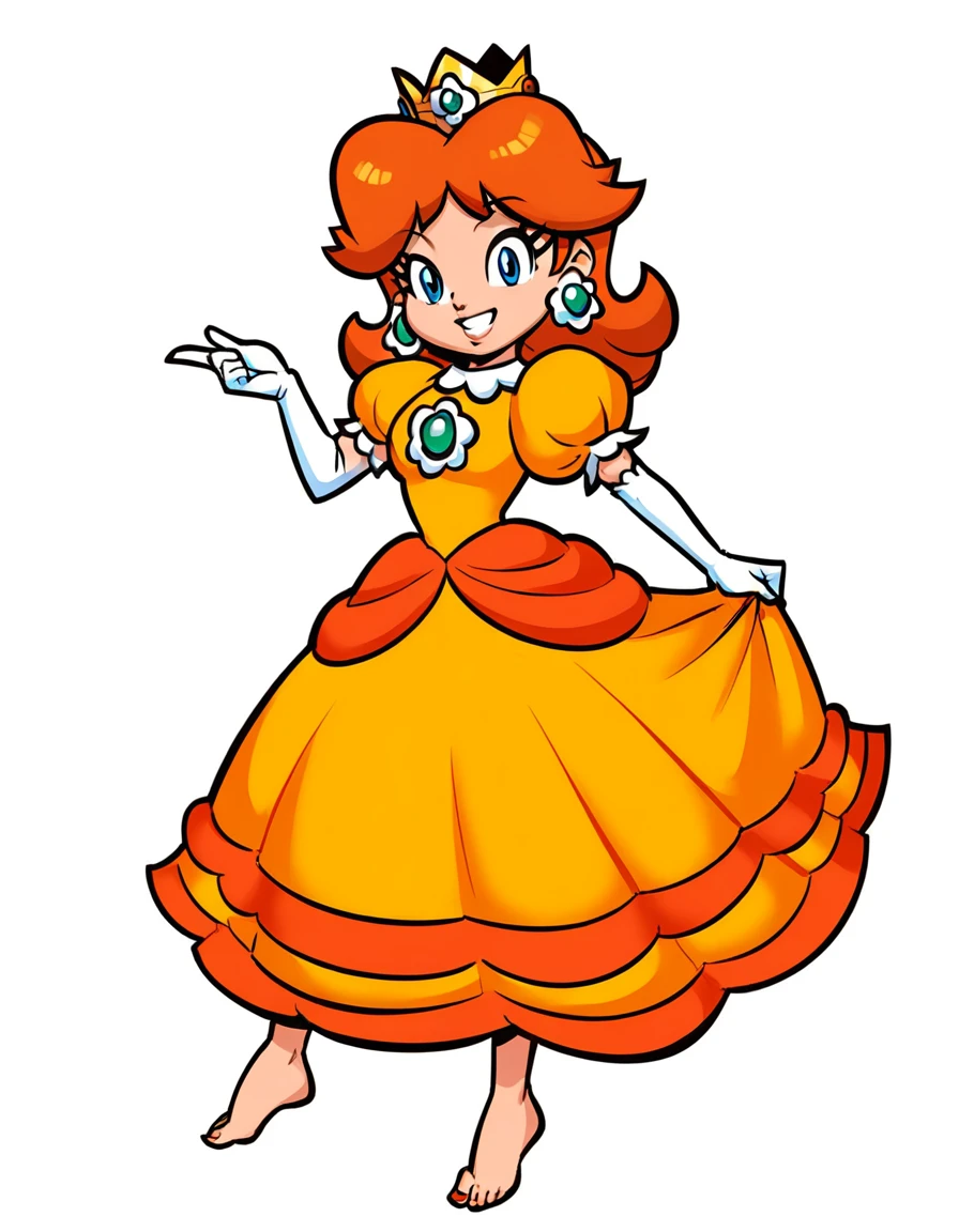 score_9, score_8_up, 1girl, solo, 2D, princess_daisy, dress, puffy sleeves, elbow gloves, crown, flower earrings, looking at viewer, smile, flat background, white background, style parody, barefoot