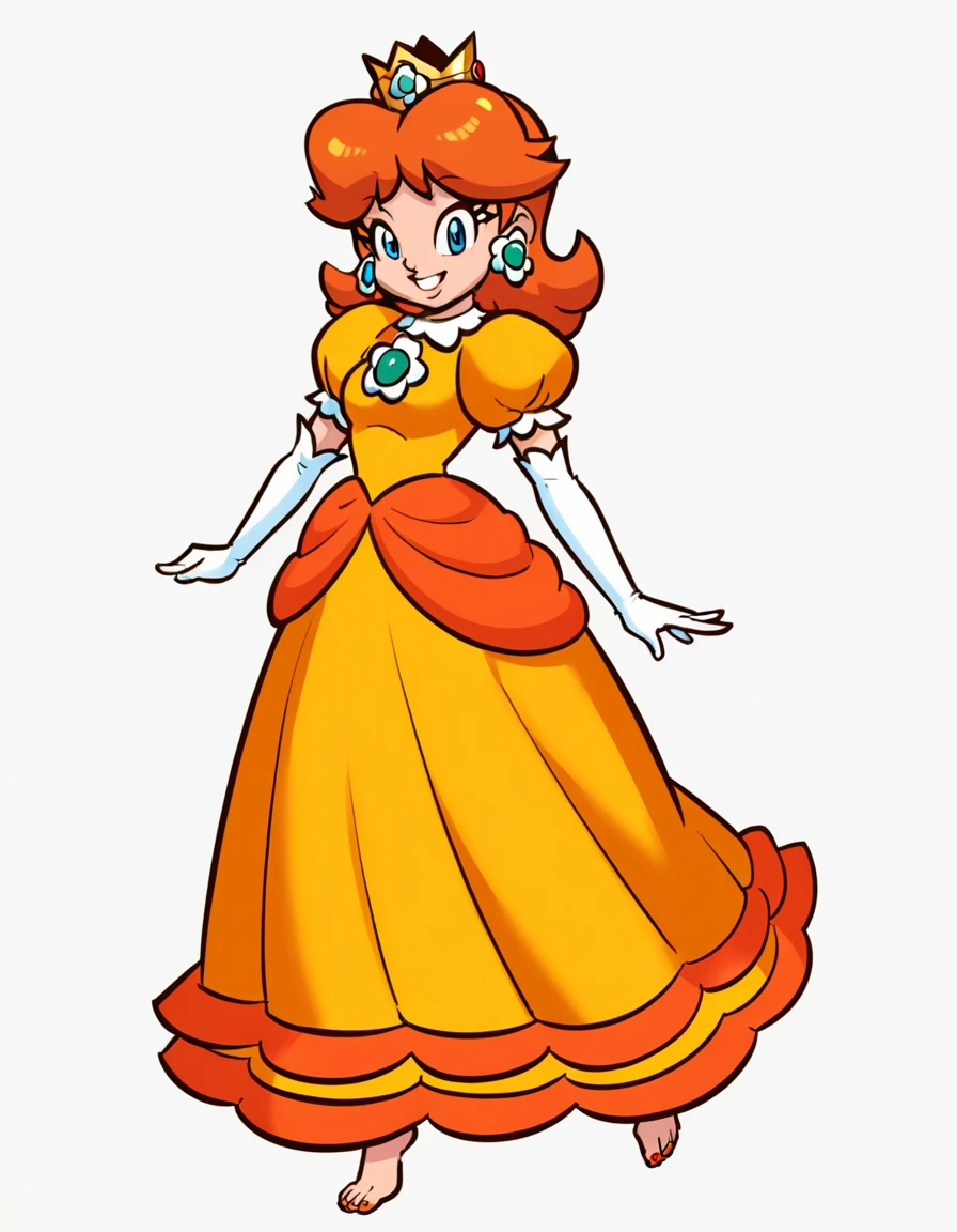 score_9, score_8_up, 1girl, solo, 2D, princess_daisy, dress, puffy sleeves, elbow gloves, crown, flower earrings, looking at viewer, smile, flat background, white background, style parody, barefoot