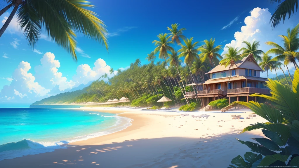 tropical house on the beach with palm trees and blue water, island background, anime background art, amazing wallpaper, background art, hd wallpaper, relaxing concept art, beautiful wallpaper, high quality desktop wallpaper, background artwork, pc wallpaper, anime background, tropical beach paradise, wallpaper hd, 4 k hd wallpaper very detailed, tropical location, amazing background, 4 k hd wallpaper illustration