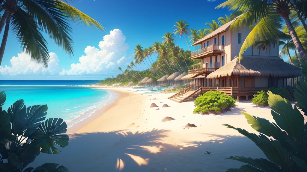 tropical house on the beach with palm trees and blue water, island background, anime background art, amazing wallpaper, background art, hd wallpaper, relaxing concept art, beautiful wallpaper, high quality desktop wallpaper, background artwork, pc wallpaper, anime background, tropical beach paradise, wallpaper hd, 4 k hd wallpaper very detailed, tropical location, amazing background, 4 k hd wallpaper illustration