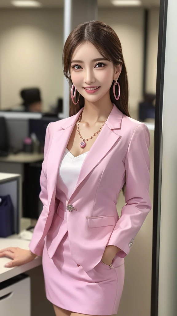 ((Biologically correct limb and finger count))、((Standing posture))、Masterpiece、((focus on the face))、((Symmetrical facial features))、Eyes with detailed description、Beautiful woman、Outstanding style、Detailed depiction of faces、Earrings、necklace、(shirt、Passion pink suit、skirt）、smile、Work scene in the office,