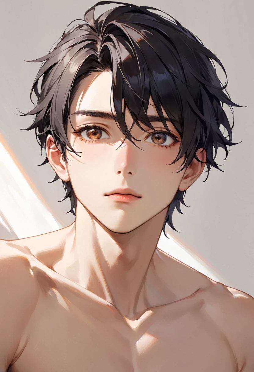 1 male、Kakoi、Black Hair、Brown eyes、Portraiture、Gaze Here、Upper body naked