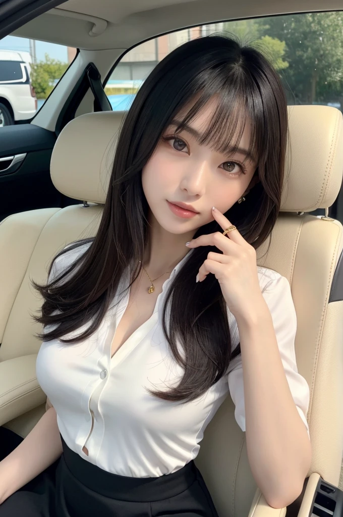 Inside the car at the driving school, driving school instructor, ((full body)), ((photo)), ((best qualtiy, 8K, tmasterpiece:1.3)), Focus:1.2, perfect figure beautiful girl:1.4, 1girl, cowboy shot, look at viewer, incredibly absurd, beautiful and cute girl with a photorealistic face, showcasing top-quality craftsmanship, A Japanese woman sitting in the passenger seat of a car at a driving school, 22 years old, has long, shiny straight black hair, long bangs cut above her eyes as see-through bangs, large, dark eyes, long eyelashes, cat-like eyes with slightly upturned corners, well-defined eyebrows, double eyelids, straight nose, thin lips but a healthy, natural red color, well-aligned teeth, sharp jawline, fair, clear skin, smooth skin, long limbs, tall, slender, well-balanced proportions, beautiful C-cup breasts, wearing a white blouse with a black tight skirt and a beige jacket over it. The skirt is knee-length, an elegant and chic outfit, a single diamond earring in her left ear, and a slim gold ring on her middle finger on her right hand, a beautiful older woman, beautiful, neat, serious, responsible, kind, April