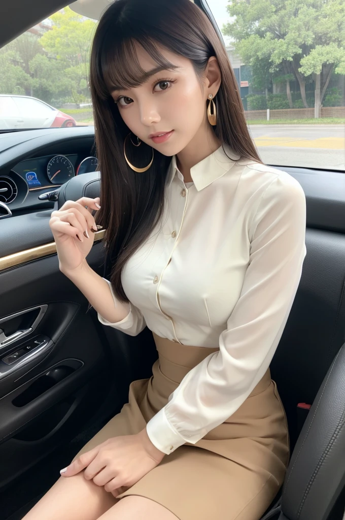 Inside the car at the driving school, driving school instructor, ((full body)), ((photo)), ((best qualtiy, 8K, tmasterpiece:1.3)), Focus:1.2, perfect figure beautiful girl:1.4, 1girl, cowboy shot, look at viewer, incredibly absurd, beautiful and cute girl with a photorealistic face, showcasing top-quality craftsmanship, A Japanese woman sitting in the passenger seat of a car at a driving school, 22 years old, has long, shiny straight black hair, long bangs cut above her eyes as see-through bangs, large, dark eyes, long eyelashes, cat-like eyes with slightly upturned corners, well-defined eyebrows, double eyelids, straight nose, thin lips but a healthy, natural red color, well-aligned teeth, sharp jawline, fair, clear skin, smooth skin, long limbs, tall, slender, well-balanced proportions, beautiful C-cup breasts, wearing a white blouse with a black tight skirt and a beige jacket over it. The skirt is knee-length, an elegant and chic outfit, a single diamond earring in her left ear, and a slim gold ring on her middle finger on her right hand, a beautiful older woman, beautiful, neat, serious, responsible, kind, April