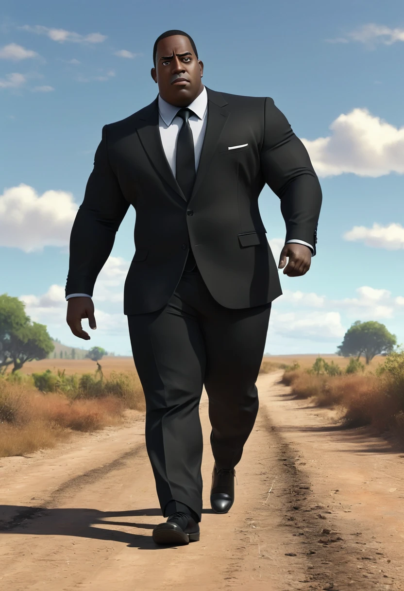 Shawt,a black man,in a black suit,walking down a dirt road,pixar art style⁹