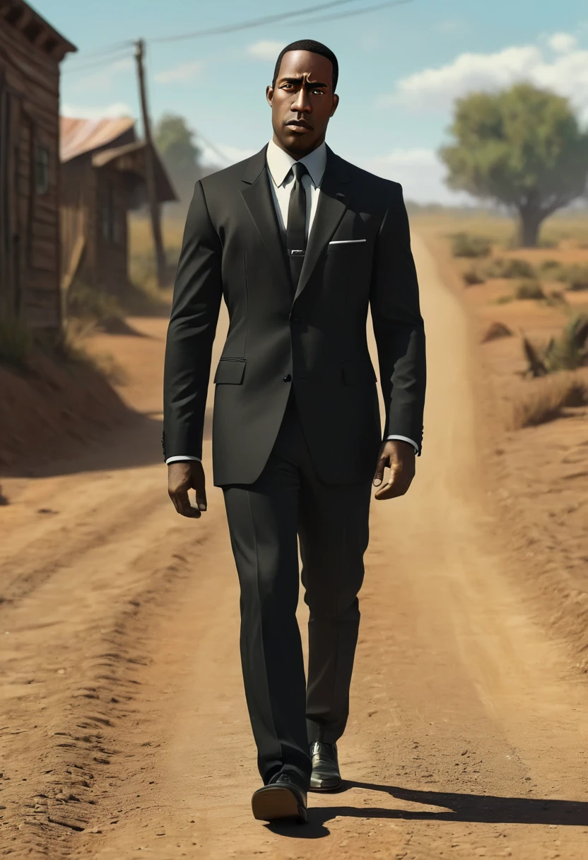 Shawt,a black man,in a black suit,walking down a dirt road,pixar art style⁹