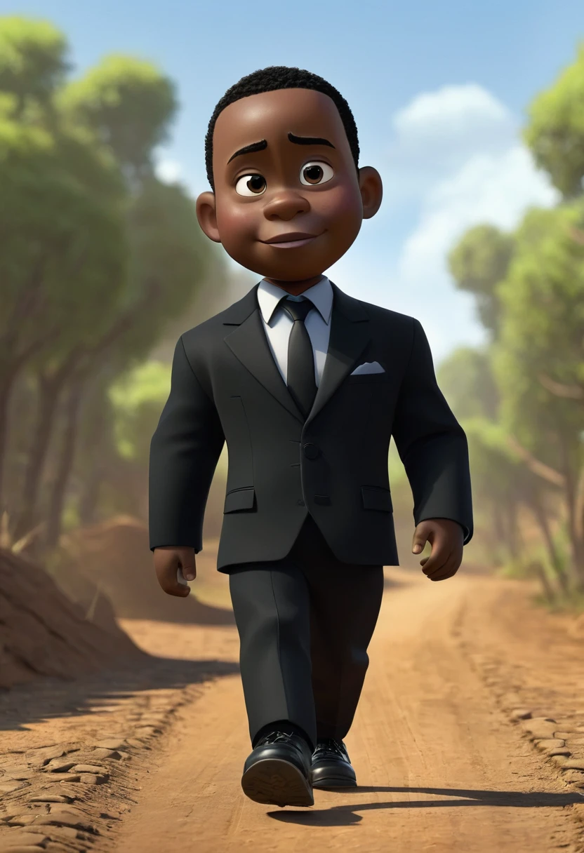 Shawt,a black man,in a black suit,walking down a dirt road,pixar art style⁹