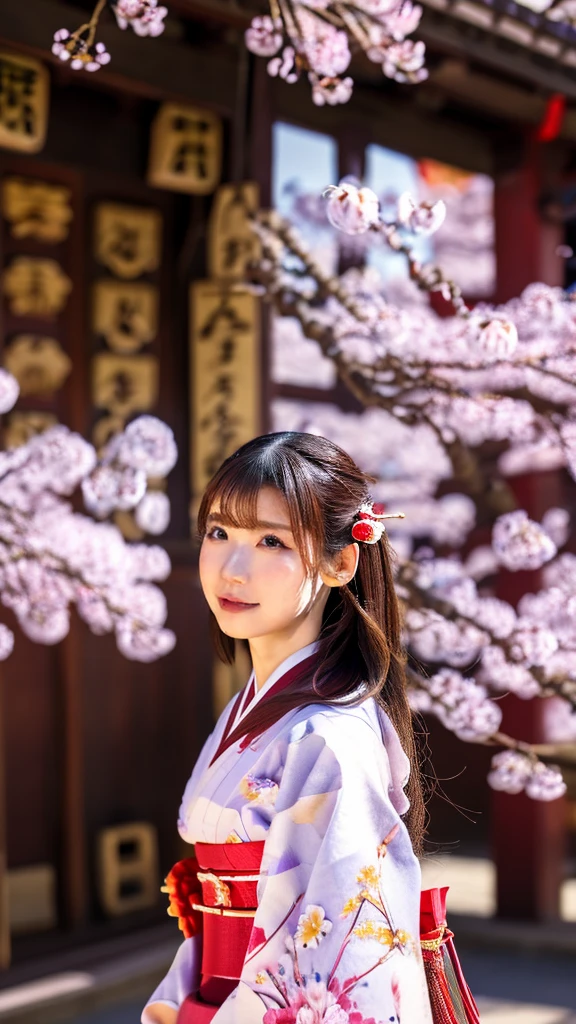 Realistic , photorealistic , masterpiece , best quality , super quality , ((ultra detailed)), extremely detailed , highers , Raw Photo , 16k portrait , curvy , gloss skin , full body , long hair , eruption , (cherry blossoms) , WALK , Inside the temple , (Serious) , kimono