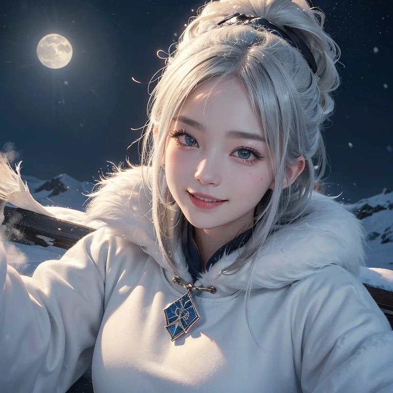Snow Mountain、 ((Highest quality、masterpiece、8k、Best image quality、Ultra-high resolution、Award-winning works)、(Accurate anatomy:1.1)、(Look at me and smile:1.1)、Shining fair skin with Ultra-high resolution、The most detailed face、Ultra-high resolution detailed face、White short hair blowing 、(Ultra-high resolutionの煌めく瞳:1.1)、Beautiful face drawn in every detail、A moonlit night with heavy snow、Warm Inuit clothing, tattoo, There's a real wolf next to me:1.5